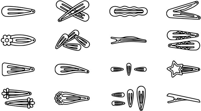 Beauty Fashion Hair Clips Line Art Icons Set. Collection of Outline Hairpins, Barrettes, and Accessories for Personal Care and Styling Products.