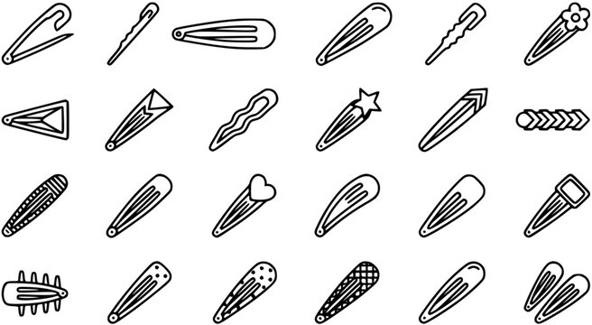 Black and White Line Art Vector of Assorted Hair Clips and Barrettes