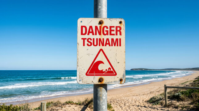 Danger Tsunami warning sign on a coastal beach, rusty metal hazard signage near ocean waves, emergency alert for natural disasters and tidal waves