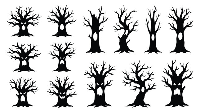 Set of spooky halloween trees silhouettes with scary faces and hollows