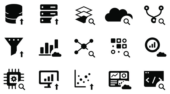 Big data analytics icon set with database server layers and filter symbols, black glyph pictograms of cloud search network graph chart monitor scatter plot dashboard microchip and code analysis signs