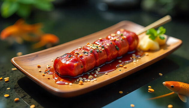 Grilled barbecue pork skewer on wooden board. Spicy glazed meat kebab with sesame seeds and herbs ready to serve.
