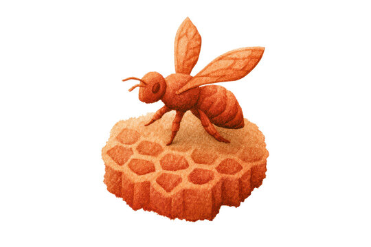 Detailed orange textured honey bee standing on  piece of geometric honeycomb structure
