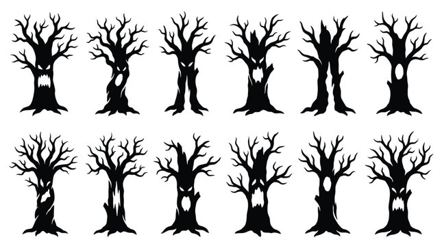 Set of scary halloween trees with spooky faces, silhouettes of dead trees with creepy expressions for holiday design