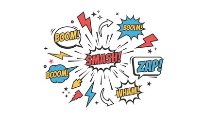 Fototapeta premium Comic book sound effects compilation including splash bubbles with smash boom zap wham and lightning bolts.