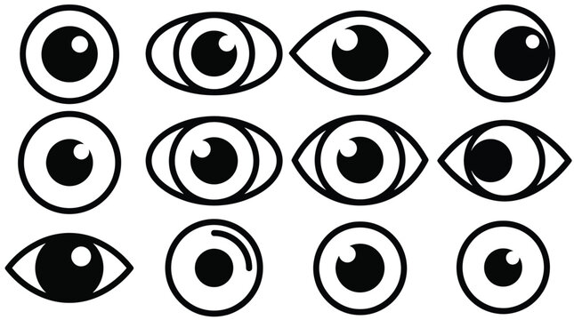Set of various eye icons, cartoon eyes collection, different shapes and expressions, vector illustration