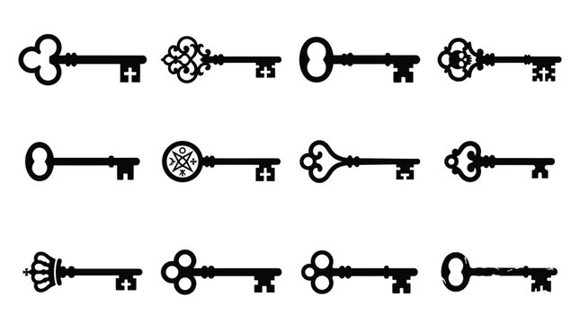 Set of vintage keys, collection of antique skeleton keys, ornate door keys, retro design elements, vector illustration