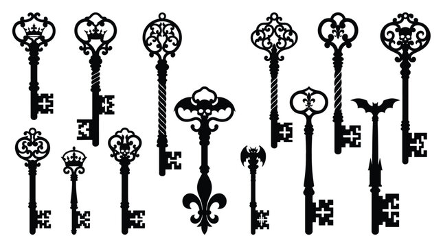 Set of vintage keys silhouettes, antique skeleton keys, gothic style vector illustration