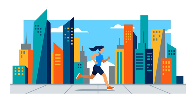 Minimalist 2D vector illustration of a young woman jogging on a city sidewalk past colorful skyscrapers. Modern urban fitness scene with a female runner in sportswear against a skyline.