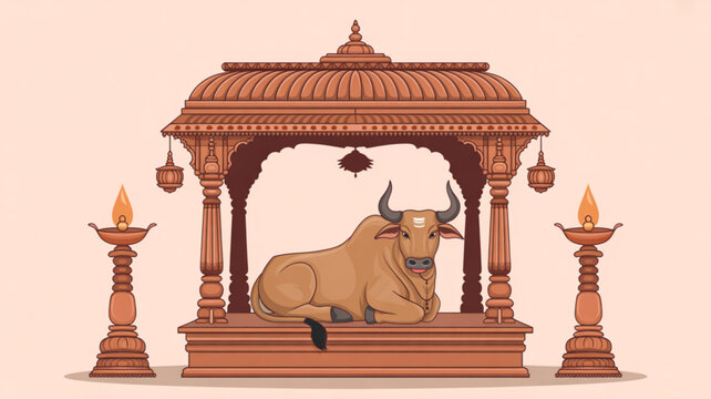 Sacred Nandi bull resting in ornate wooden temple pavilion representing Hinduism and devotion traditional Indian art style