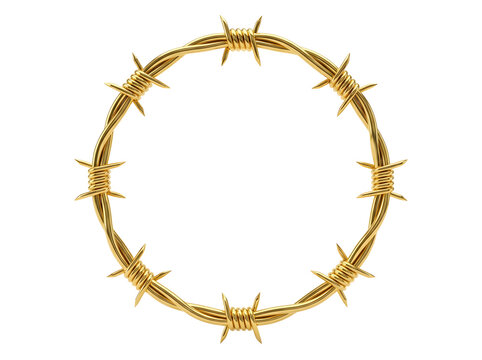Golden barbed wire circle isolated on transparent background