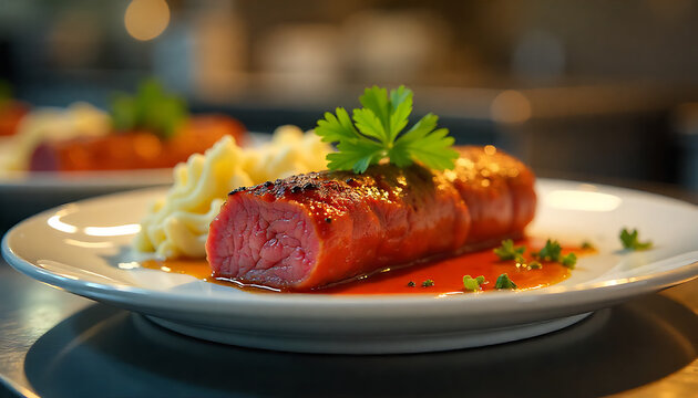 Grilled steak medium rare with herbs on white plate. Premium beef cut garnished with parsley and spices for gourmet dining.