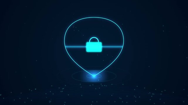 Digital security icon of a padlock within a glowing location marker, representing secure data, online protection, and digital privacy