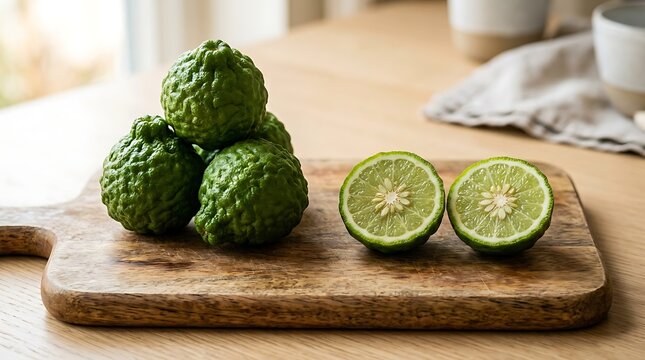 Fresh kaffir lime fruits on a wooden board. Organic citrus ingredients for Thai cooking recipes.