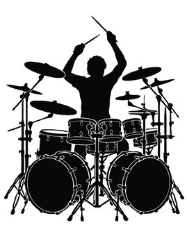 Detailed Silhouette of a Drummer Playing a Double Bass Drum Kit