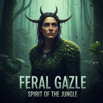 Feral man with antlers in jungle setting.