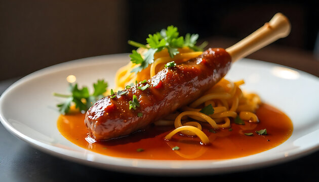 Grilled pork chop with herb butter and lemon garnish. Succulent meat dish served with spiral pasta in savory sauce on white plate.