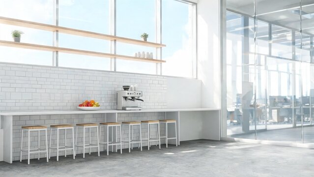 modern office kitchen with white subway tile bar stools and espresso machine for workplace design and corporate interior concepts