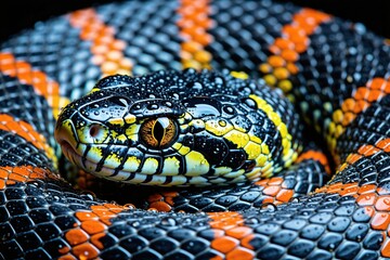 Fototapeta premium Detailed close-up of wet coiled snake with vibrant black, orange, yellow stripes. Scaly skin glistens with water droplets, revealing intense yellow eye. Striking reptile appears alert, textured body