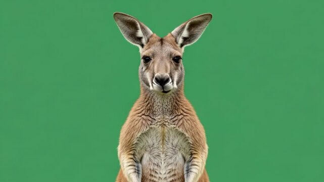 A close portrait of a kangaroo facing forward against a green background
