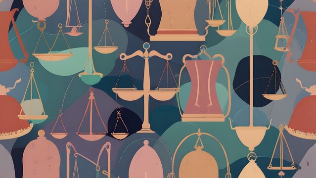 Seamless pattern of diverse weighing scales and justice balances. Abstract background symbolizing law, equality, measurement, and equilibrium in muted colors.