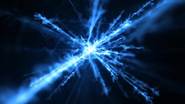 Abstract blue light streaks and particles explosion, futuristic energy burst, cosmic speed effect, motion blur background