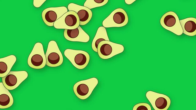Stylized Avocado Halves Falling Over a Solid Green Background