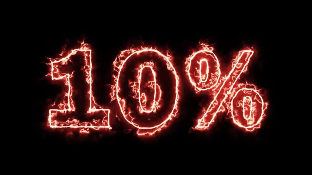 Animation of the number "10%" with a blazing fire effect and lightning flashes, designed for a discount offer, set against a black background.