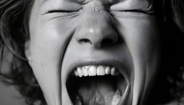 In a stark black and white close-up, the woman is seen screaming with her eyes closed tightly. Her face is contorted, her mouth wide open, and her teeth bared in either anguish or rage.