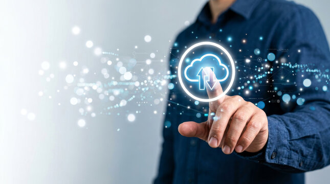 Cloud computing technology concept, businessman touching digital cloud storage icon, global network data synchronization and backup services