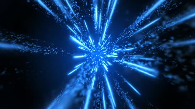 Abstract blue light streaks and particles explosion, futuristic energy burst, cosmic speed effect, motion blur background