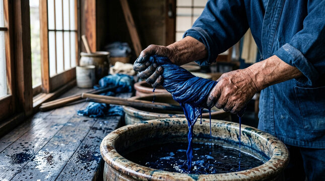 Japanese Indigo Dyeing Craftsman Wringing Blue Dyed Fabric Dye Vat Close-Up