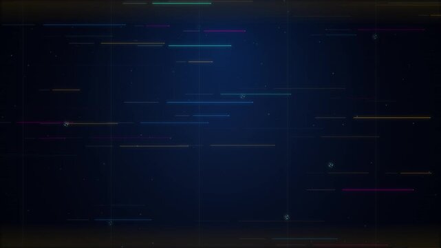 Abstract data stream, digital code lines moving through a dark blue network grid, technology and science concept
