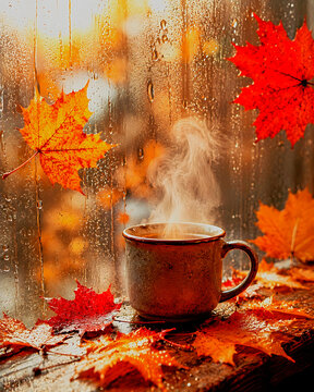 AI Generated Steaming Hot Coffee Mug on Rainy Autumn Window Sill with Maple Leaves
An AI generated premium commercial lifestyle background featuring a rustic ceramic mug filled with a hot steaming bev