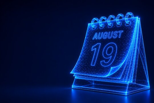 August 19th modern tech calendar wireframe.futuristic date of august with theme calendar nineteen holographic wireframe technology schedule.futuristic date of august with theme