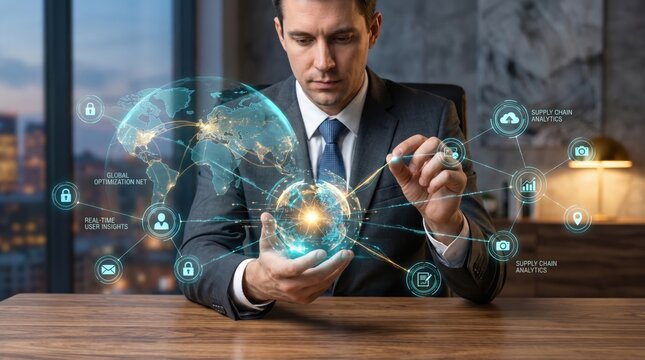 Man holding digital globe with supply chain analytics and security icons, global optimization network for business intelligence, real-time user insights, data visualization, str...