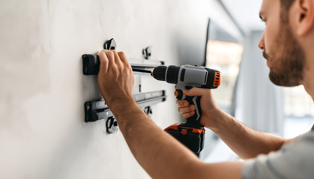 Man attaches the TV mount bracket to the wall using a power drill. He installs the new home entertainment system, securing the support to the interior plaster surface. A do-it-yourself project for set