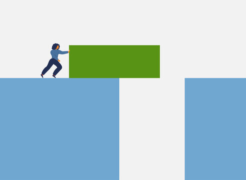 woman pushing a large block to build a bridge across business gap. Risk Management, Solution efficiency concept. Vector illustration