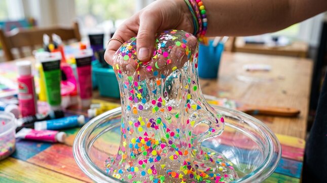 Person holding clear gooey slime with colorful sprinkles in a fun creative craft workshop