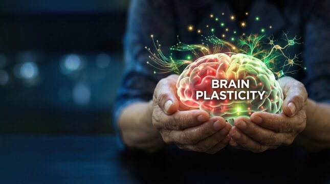 Hands holding glowing colorful brain representing neuroplasticity, mental growth, cognitive flexibility, learning ability, brain training, psychology concept, neural regeneratio...