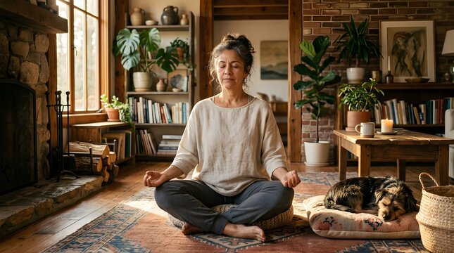Mature woman meditating in a cozy living room with her dog nearby