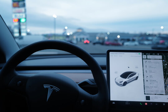 Interior dashboard design and steering wheel decoration of 'TESLA MODEL 3' full electric-powered performance car