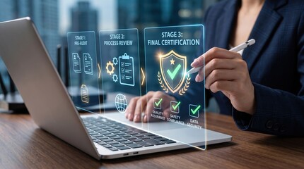Fototapeta premium Digital certification and audit process stages showing pre-audit, process review, and final certification with quality assurance, safety compliance, and data security checks on ...