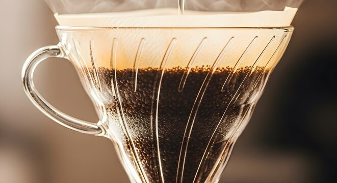Close-up shot of hot water being poured onto coffee grounds in a glass dripper with a paper filter, showing steam and blooming.