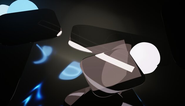 Glossy obsidian shapes suspended within dark cinematic light