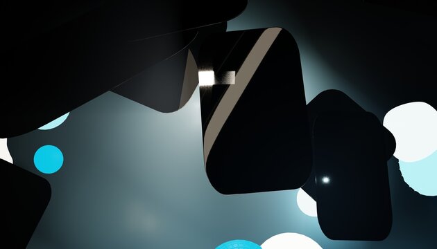 Floating obsidian panels catching sharp cinematic light beams