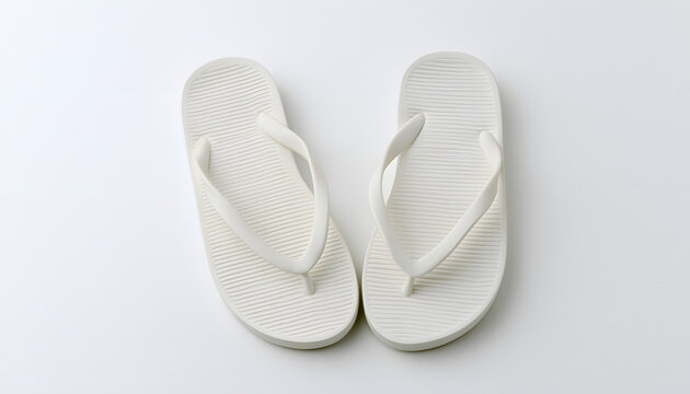 A pair of solid white rubber flip flops on a white background. Ideal for summer beach vibes, vacation essentials, and footwear renderings. A minimalist design for any seasonal wear.