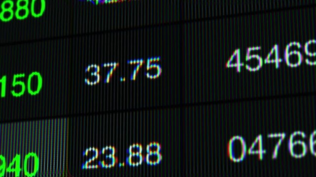 Digital Display of Financial Data: A Close-Up View of Stock Prices, Market Trends, and Numeric Fluctuations Captured in Two Video Frames