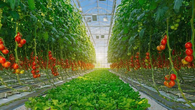 Vibrant hydroponic greenhouse with lush green lettuce and ripe red tomatoes growing in rows