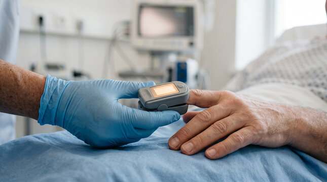 Hands checking oxygen saturation with a pulse oximeter &mdash; vital signs monitoring and respiratory healthcare concept.